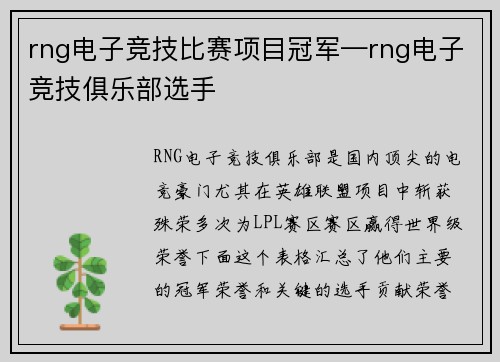 rng电子竞技比赛项目冠军—rng电子竞技俱乐部选手