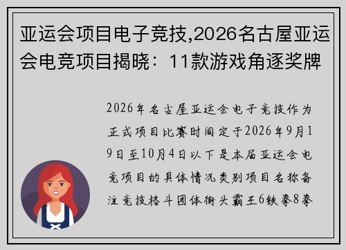 亚运会项目电子竞技,2026名古屋亚运会电竞项目揭晓：11款游戏角逐奖牌